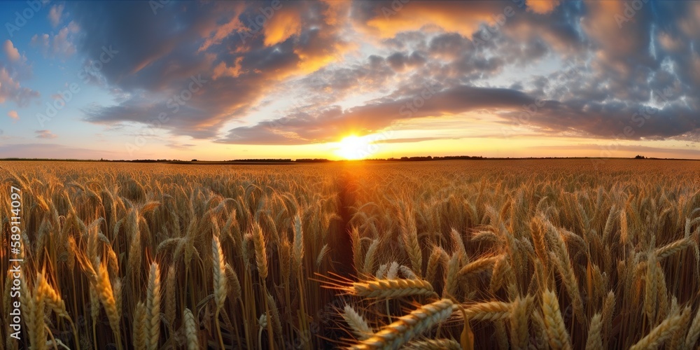 Panoramic view on field of golden ripe wheat on sunset. Generative AI