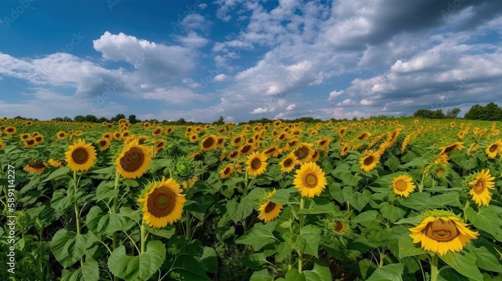 Panoramic field of sunflowers with blue sky on sunny day. Generative AI