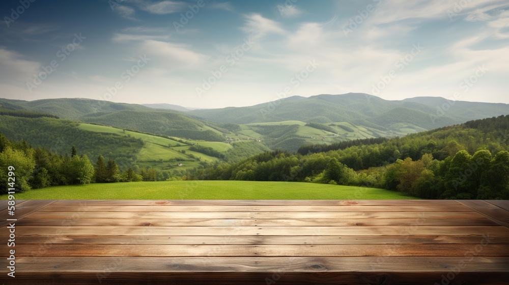 Wood table mockup with vibrant green hills on background. Empty copy space for product presentation.