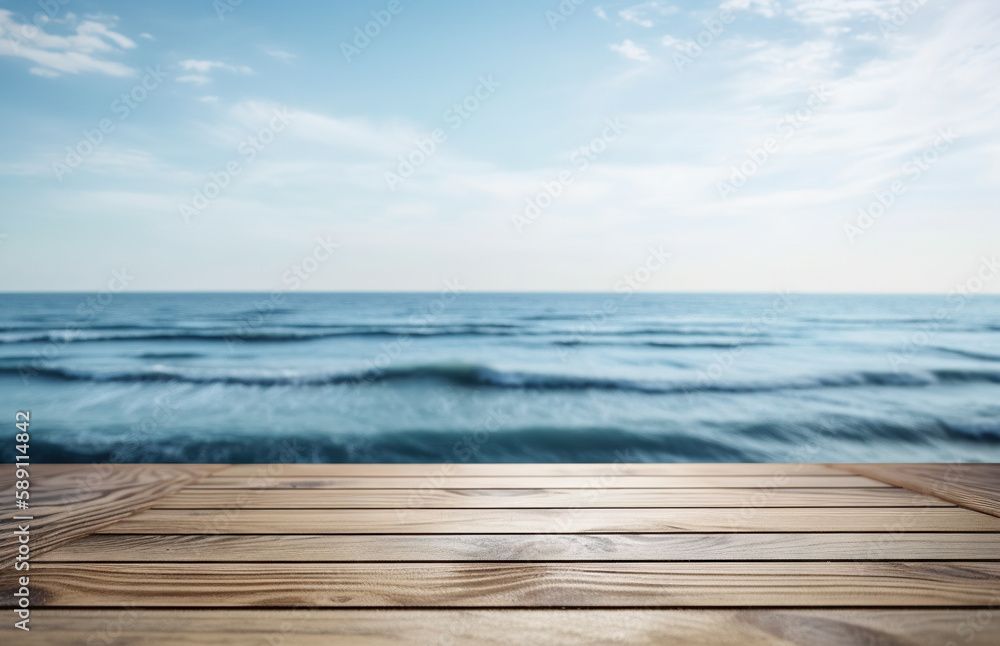 Wood table mockup with ocean waves on background. Empty copy space for product presentation. Generat