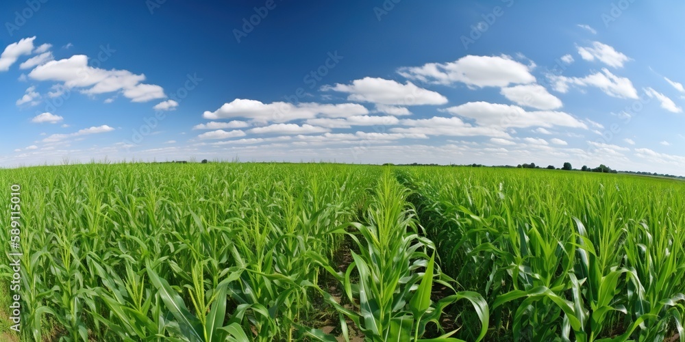 Agricultural corn field on sunny summer day. Generative AI