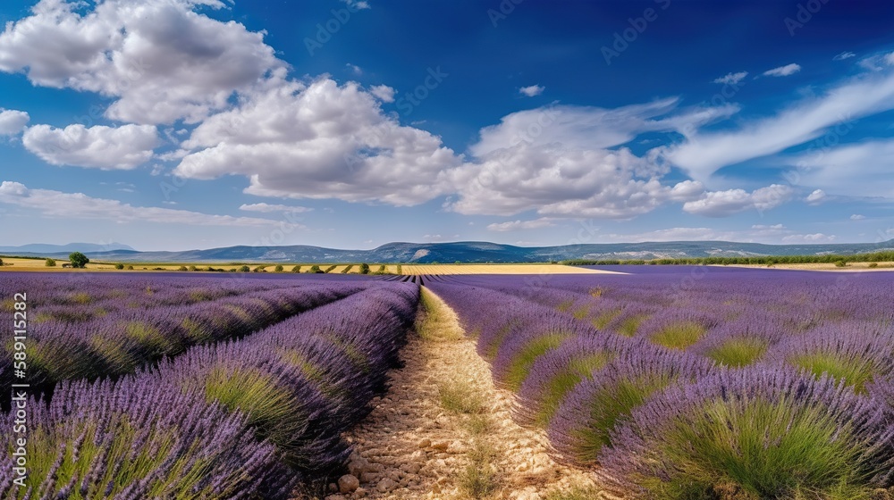 Stunning landscape with lavender field on sunny day. Generative AI