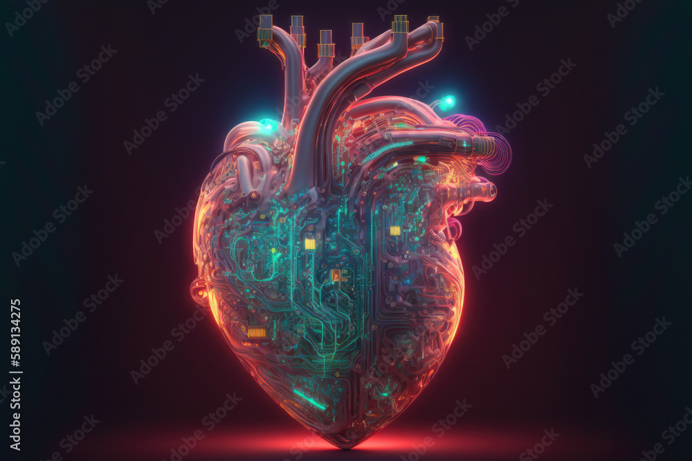 Cyberpunk high-tech neon glowing heart natural shape on dark background. Generative AI illustration.