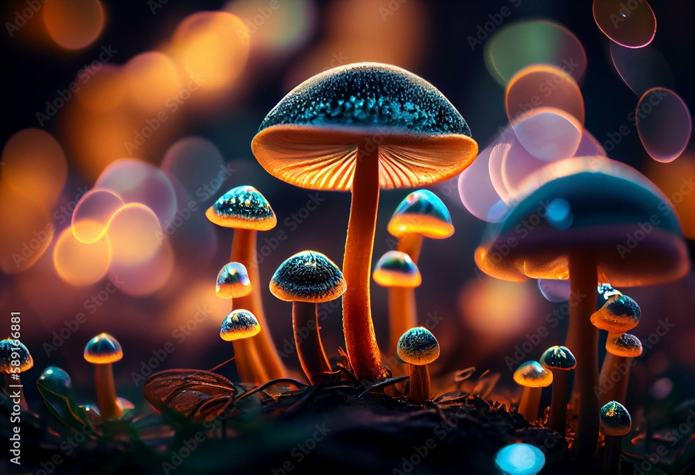 macro of mushrooms illuminated with bokeh. generative ai