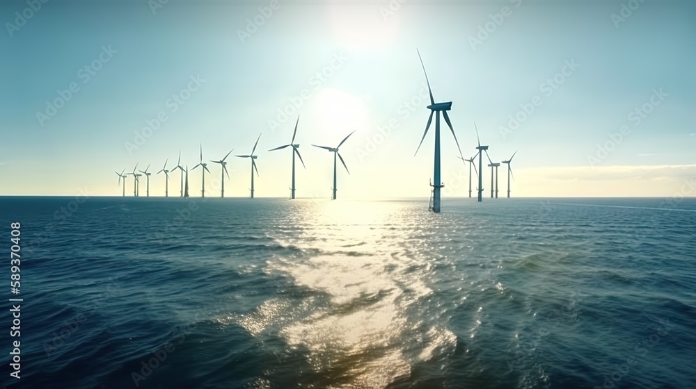 Offshore Windmill farm in the ocean, windmills isolated at sea on a sunny day. Generative AI