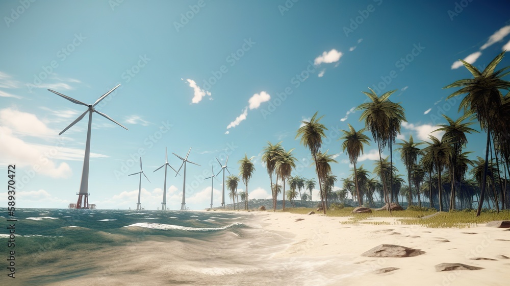 Windmill farm on the tropical ocean shore, windmills on a sunny day. Generative AI