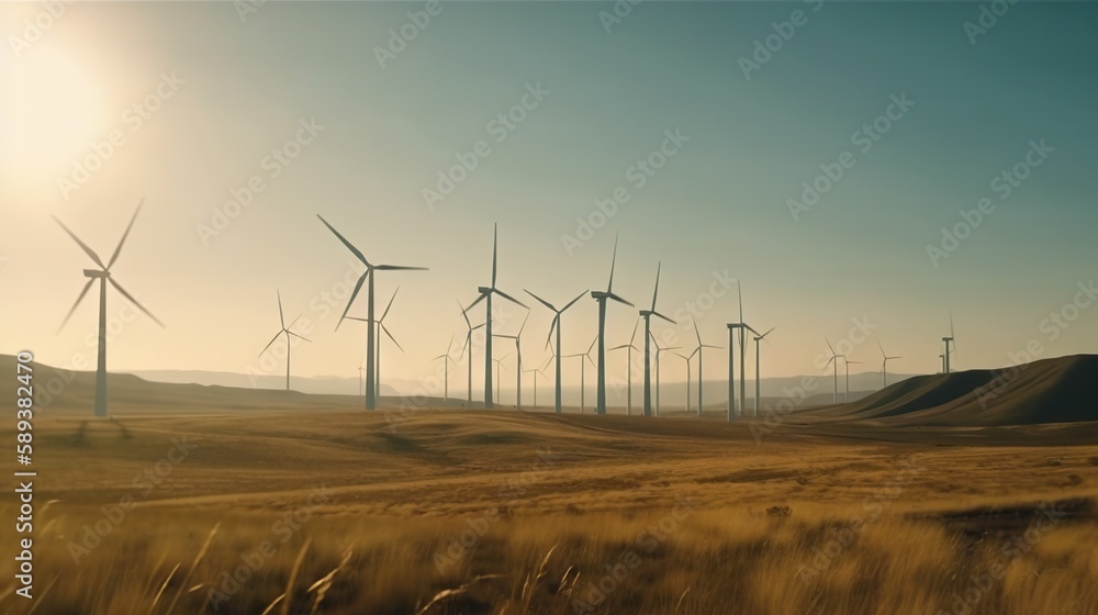 Windmill farm in the steppe against the blue sky. Renewable energy. Generative AI