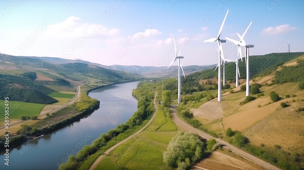 Wind turbines on landscape with green hills and river. Renewable energy concept. Generative AI