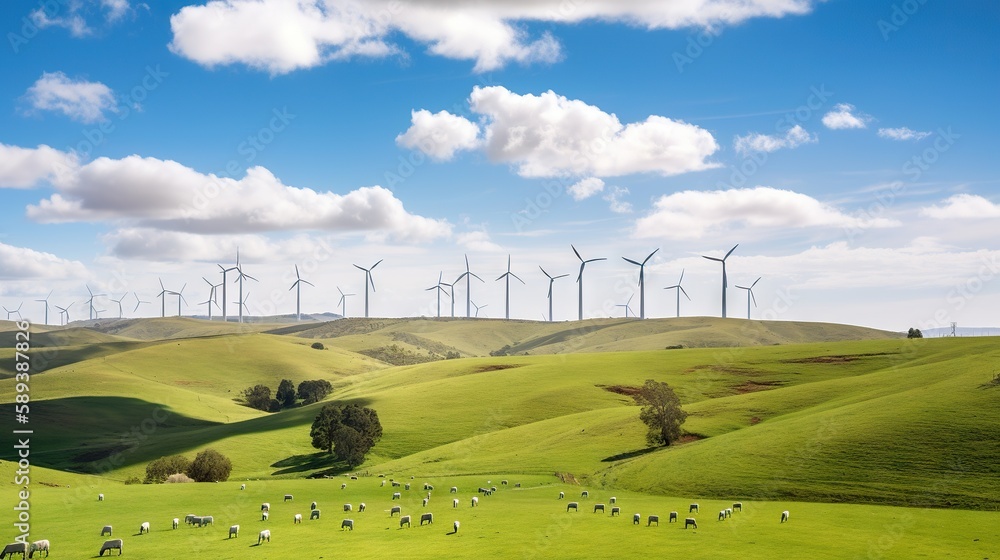 Power generating windmills on green hills. Renewable energy concept. Generative AI