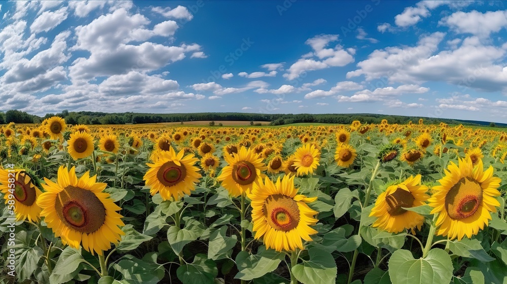 Panoramic field of sunflowers with blue sky on sunny day. Generative AI