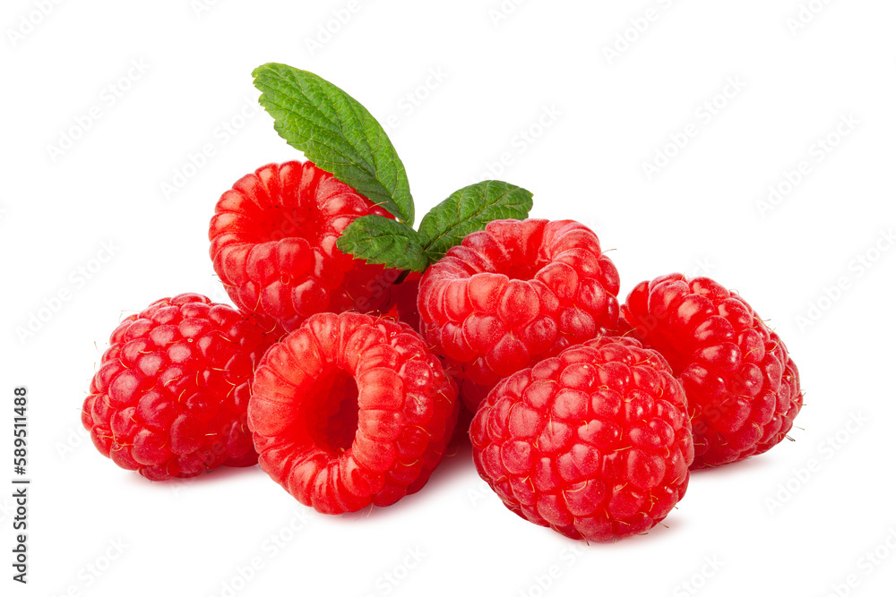 fresh raspberries with leaf isolated on white background.