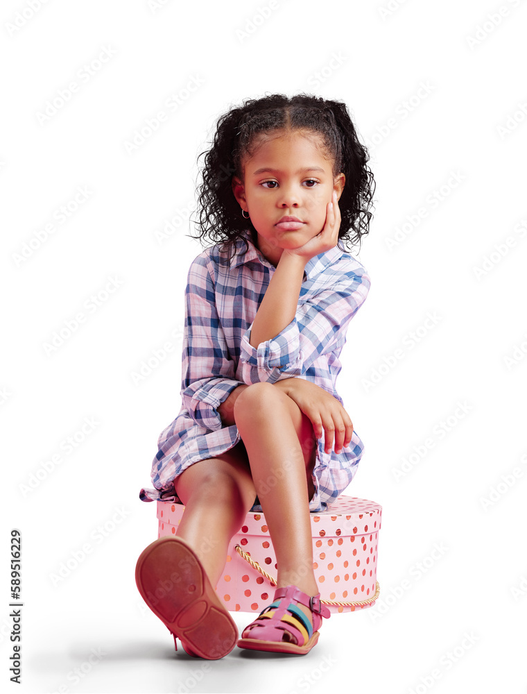 Sad young child sitting on gift box, thinking about birthday alone and wearing cute dress. Little bi