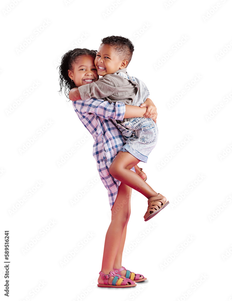 Girl hugs young brother, children pose for family portrait and big sister hug with smiles. Mixed-rac