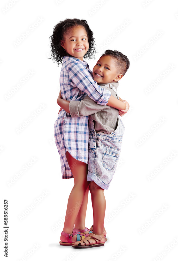 Children pose for family portrait, young brother and big sister hug with smiles. Mixed-race siblings