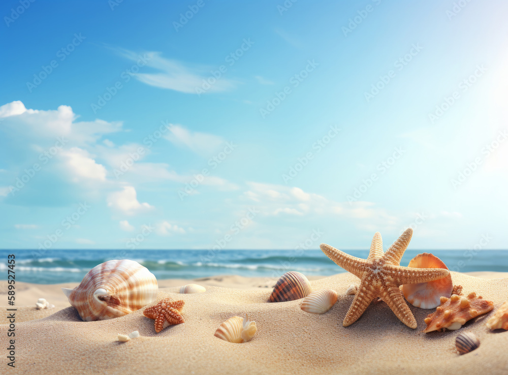 Beach sand with stars and shells. Illustration AI Generative