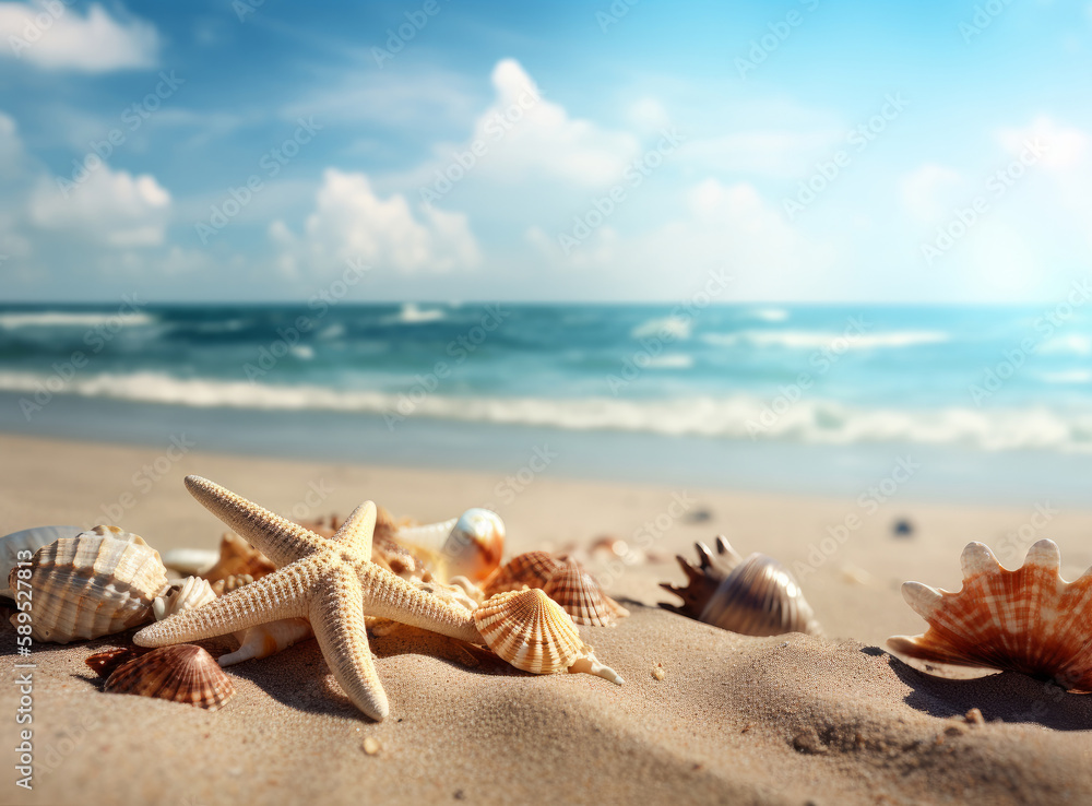 Beach sand with stars and shells. Illustration AI Generative