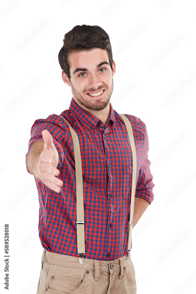 Man with hand shake, smile on confident face with hipster fashion standing with arm out. Corporate w