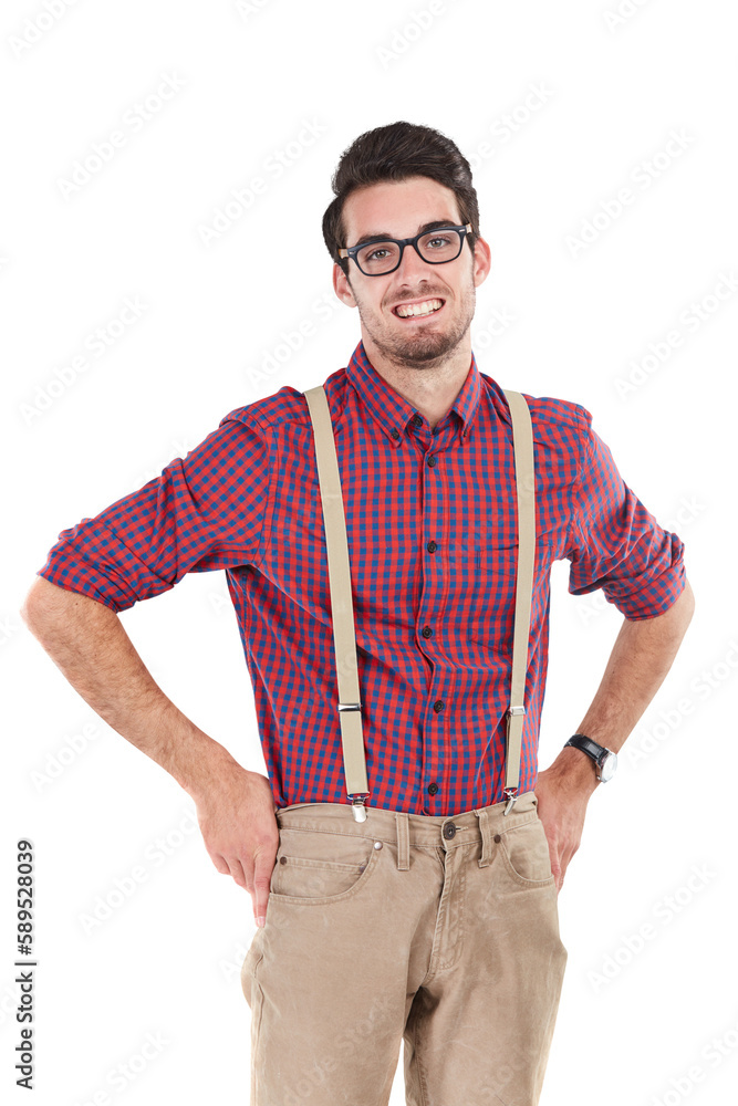 Happy portrait of a nerdy man, smile on face with hipster fashion standing with arms akimbo. Funky d