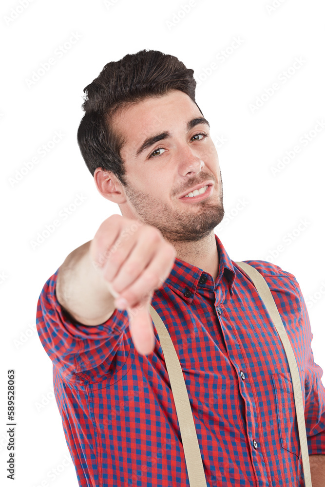 Thumbs down gesture, portrait of man and unimpressed face showing no. Negative sign, person with hip