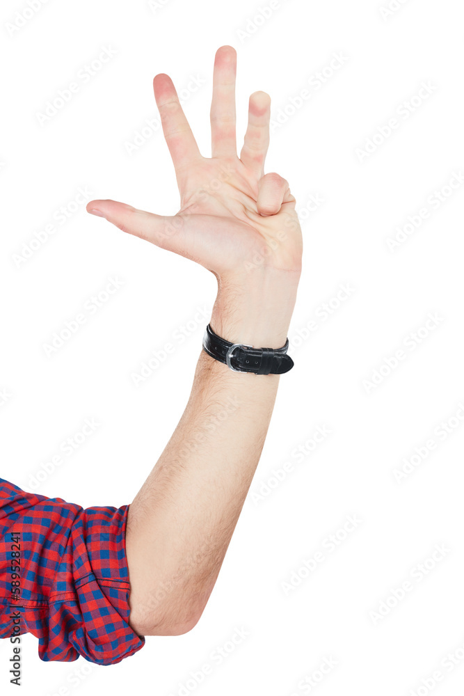 A Man, hands and number four sign closeup for countdown, gesture or signal. Hand, guy and communicat