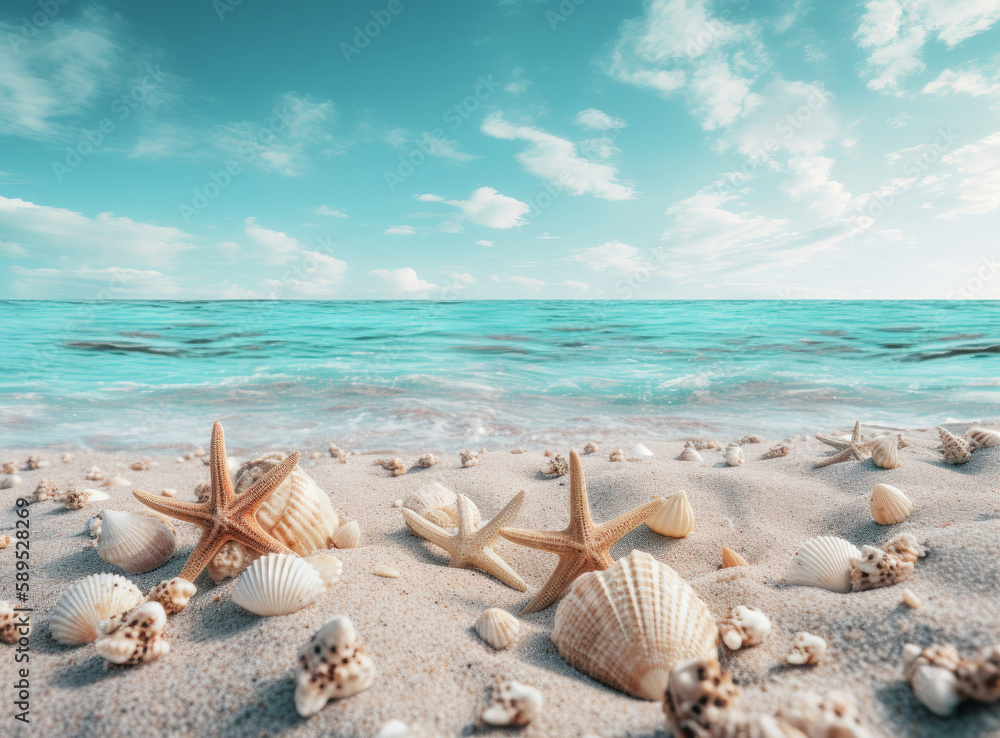 Beach sand with stars and shells. Illustration AI Generative