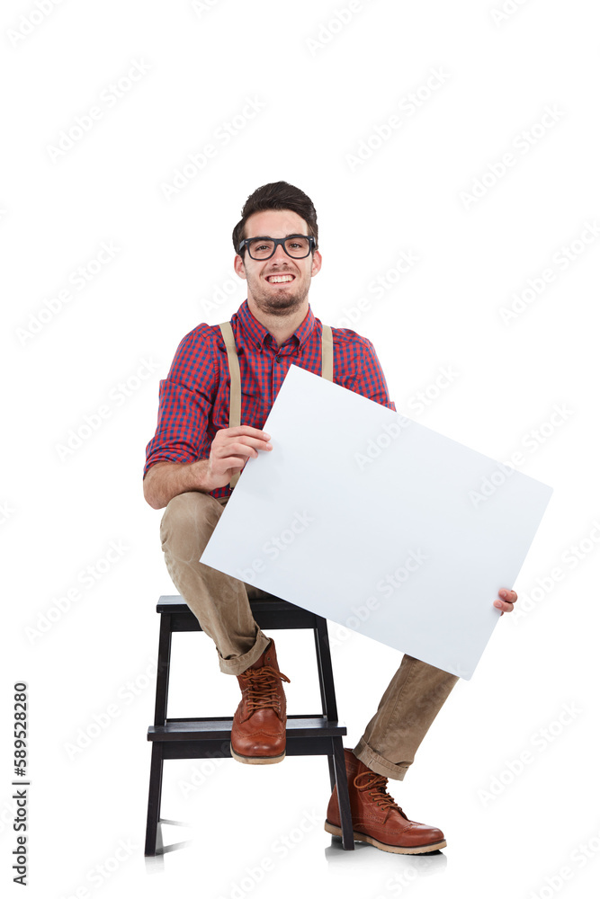 Poster, man sitting on stool while holding white paper billboard and empty for advertising copy spac