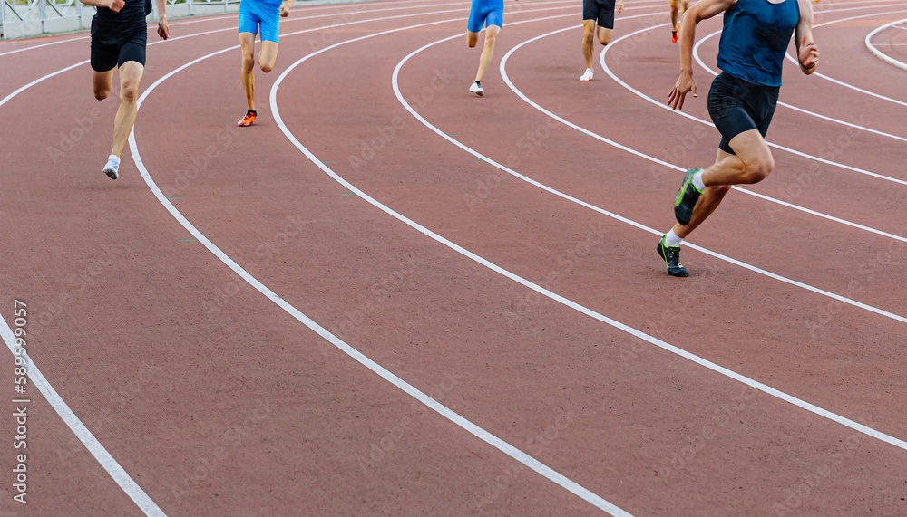 runner leader run ahead of sprint race on turn stadium track, summer athletics championship