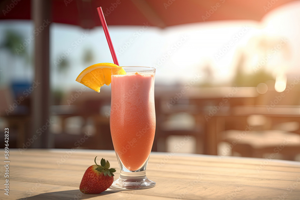 Close up of smoothie frappe fruits juice with other fruits, strawberries, orange, pineapple, sorbet,