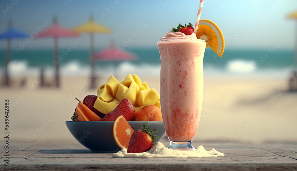 Close up of smoothie frappe fruits juice with other fruits, strawberries, orange, pineapple, sorbet,