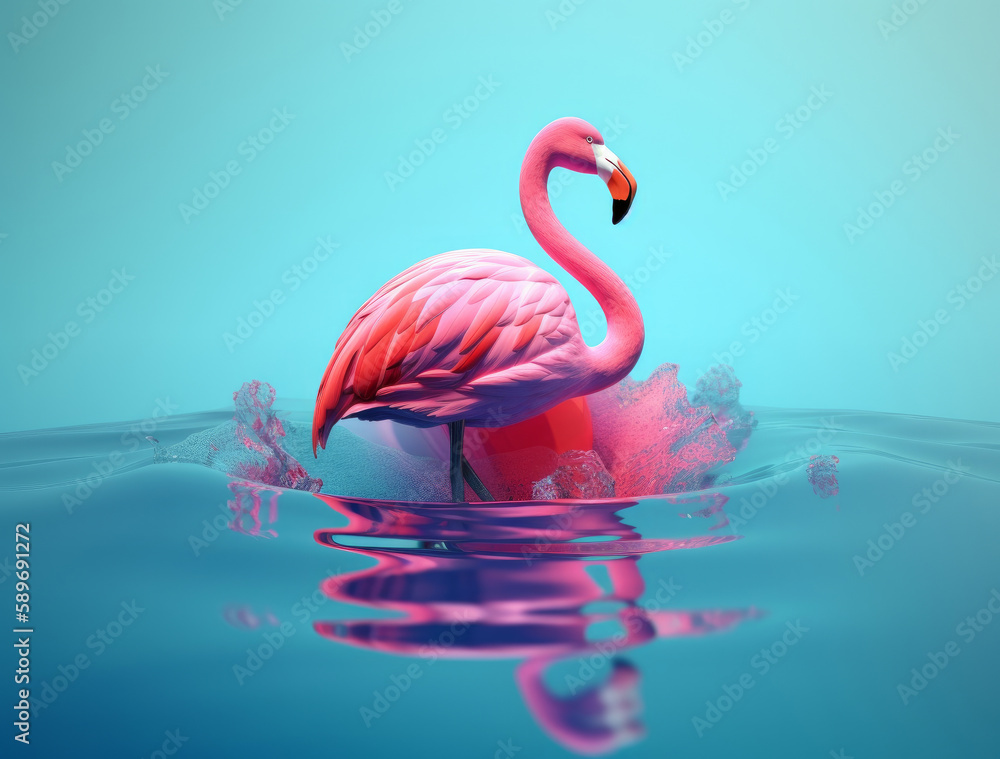 Cute summer background with pink flamingo. Illustration AI Generative.