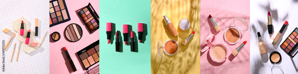 Collage of makeup cosmetics on color background