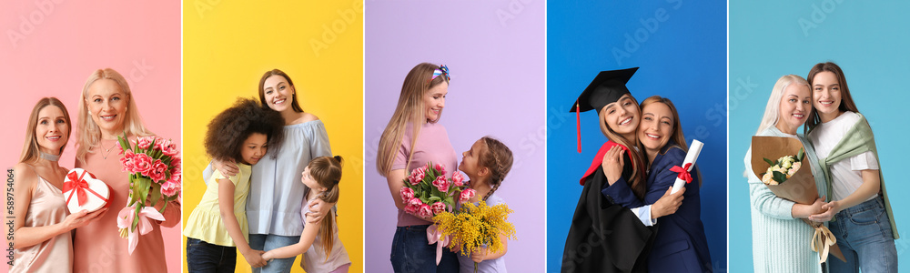 Collage with happy mothers and daughters on color background