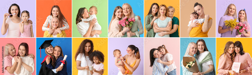 Collage with happy mothers and daughters on color background