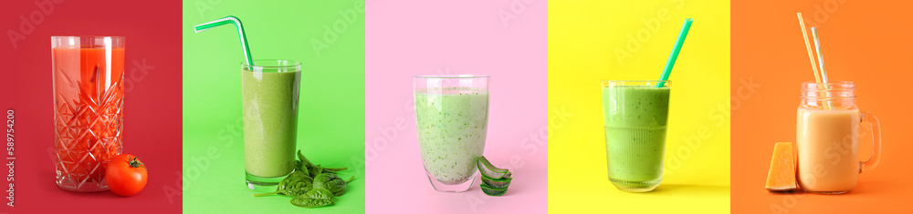 Set of fresh smoothies on colorful background