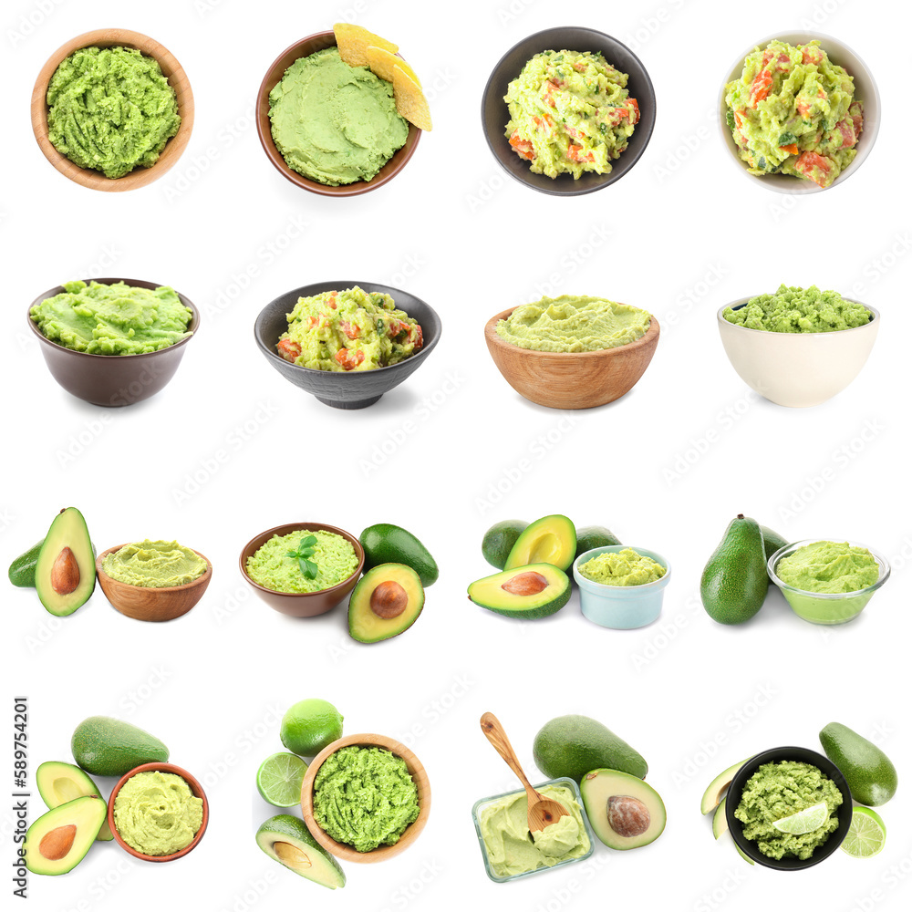 Set of delicious guacamole on white background