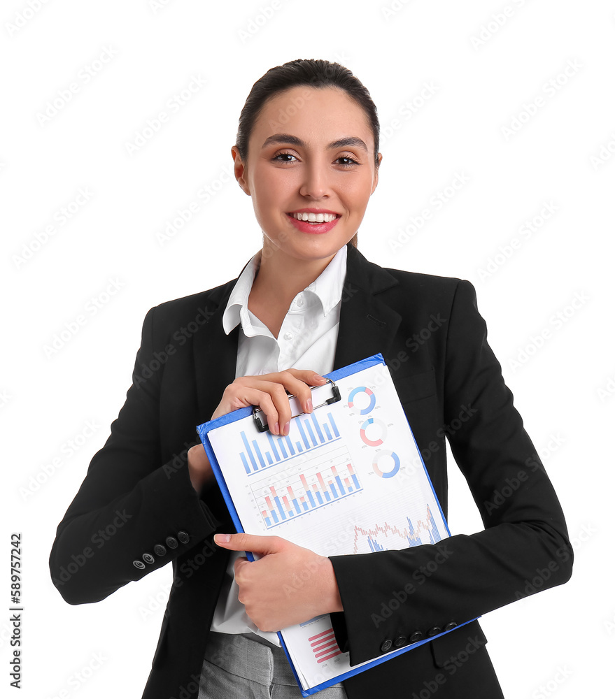 Female business consultant with clipboard on white background