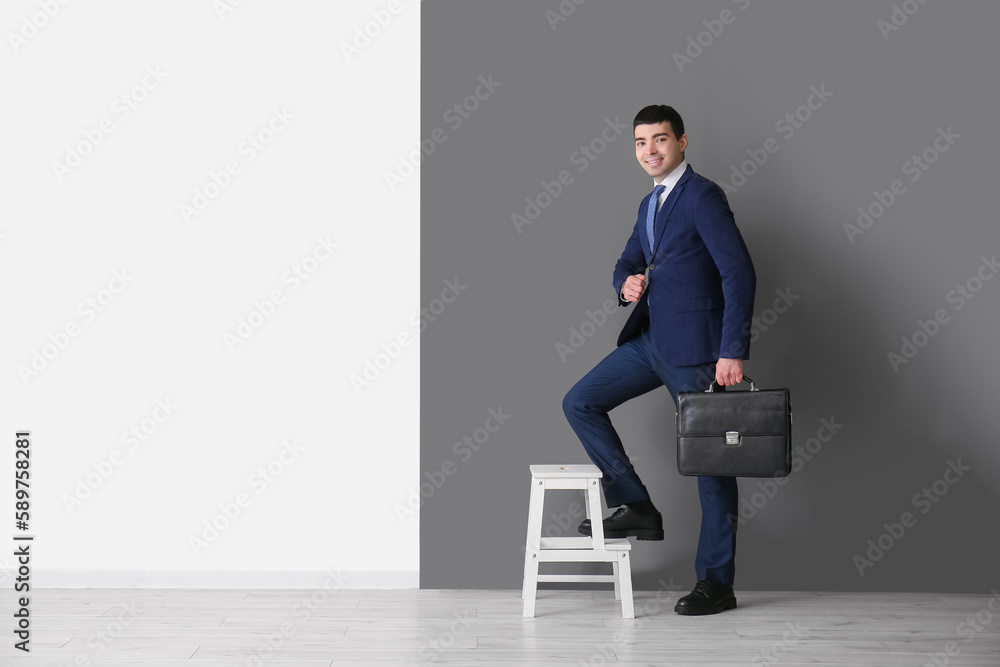 Business consultant with briefcase on stepladder near black and white wall