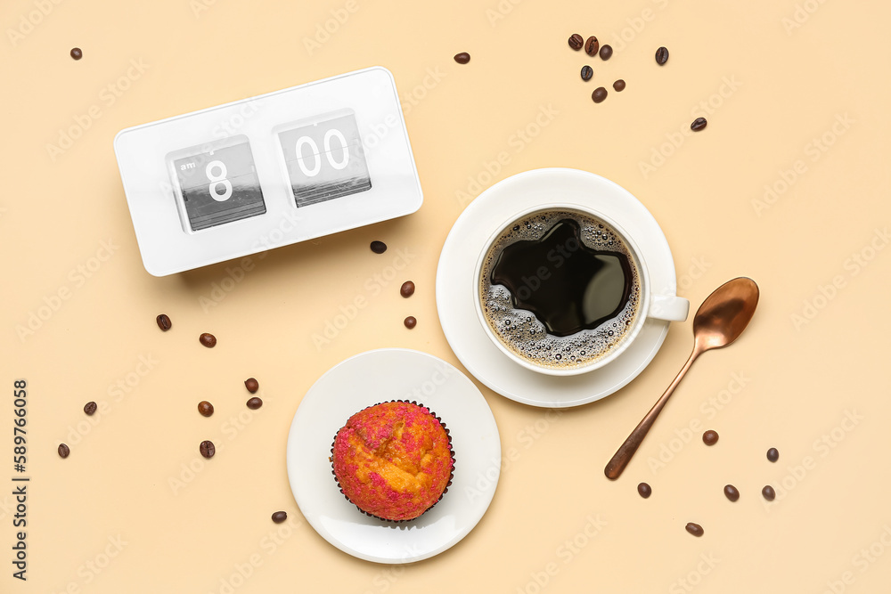 Composition with alarm clock, cup of coffee and tasty muffin on color background