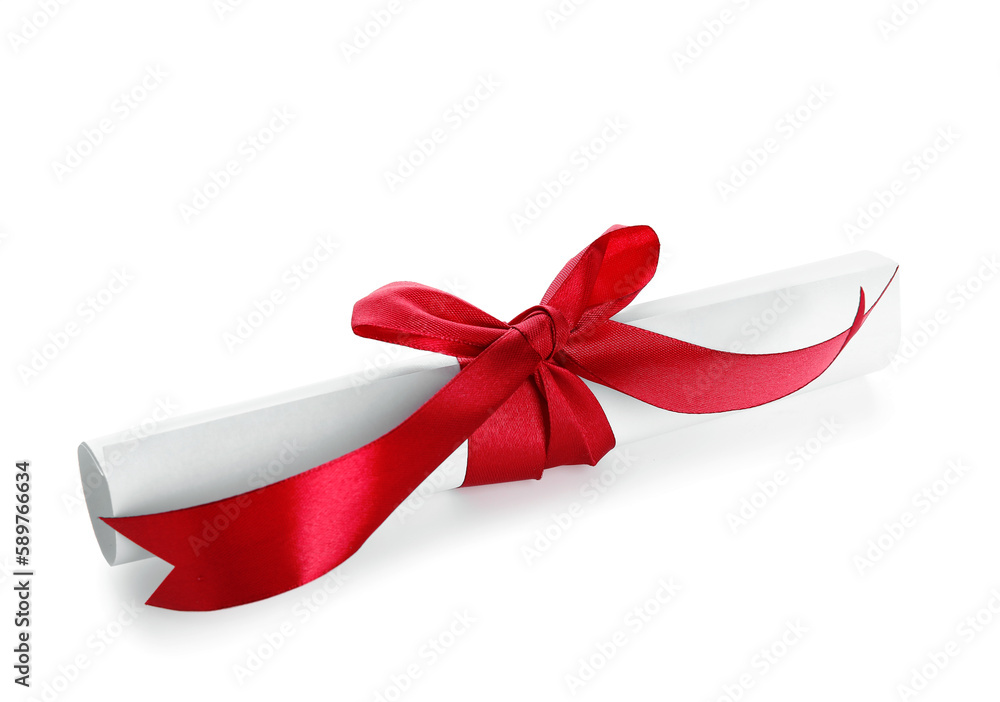 Diploma with red ribbon isolated on white background