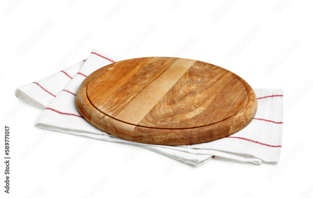 Round wooden board and napkin on white background