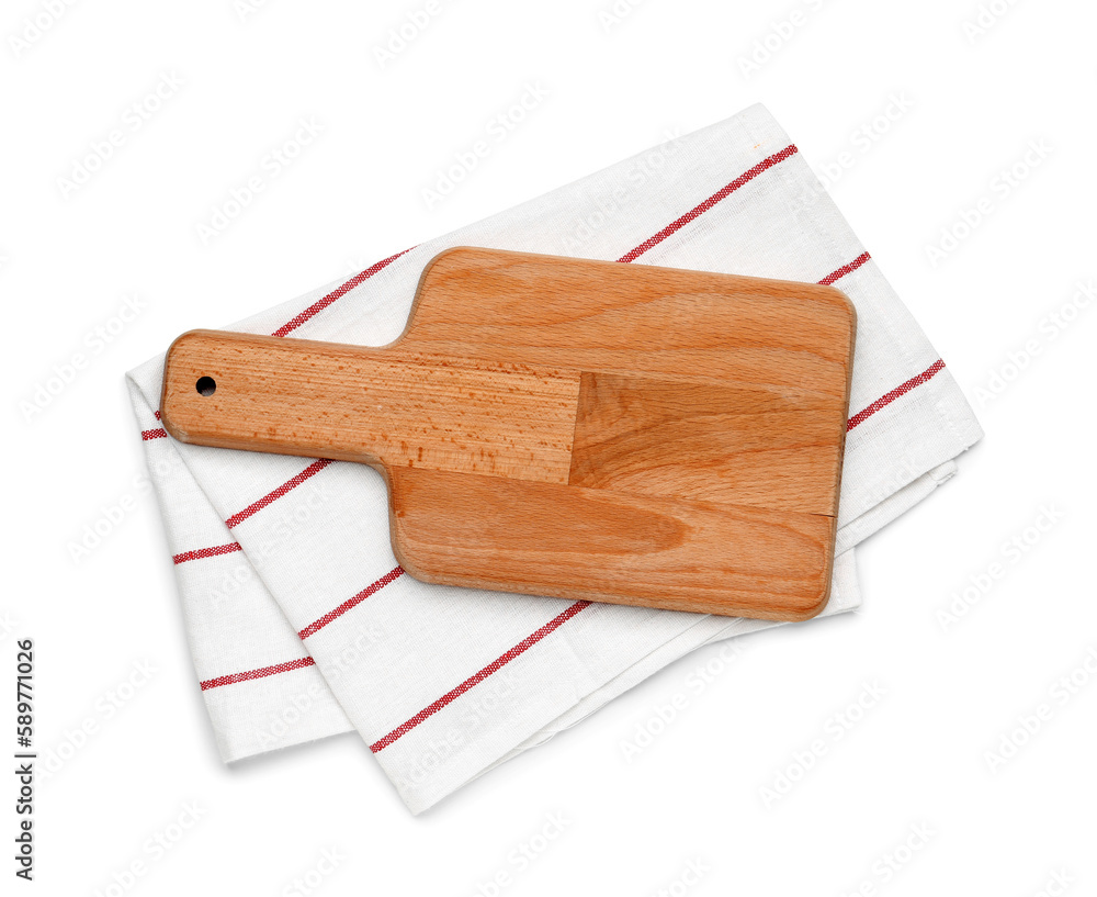 Wooden kitchen board with napkin isolated on white background