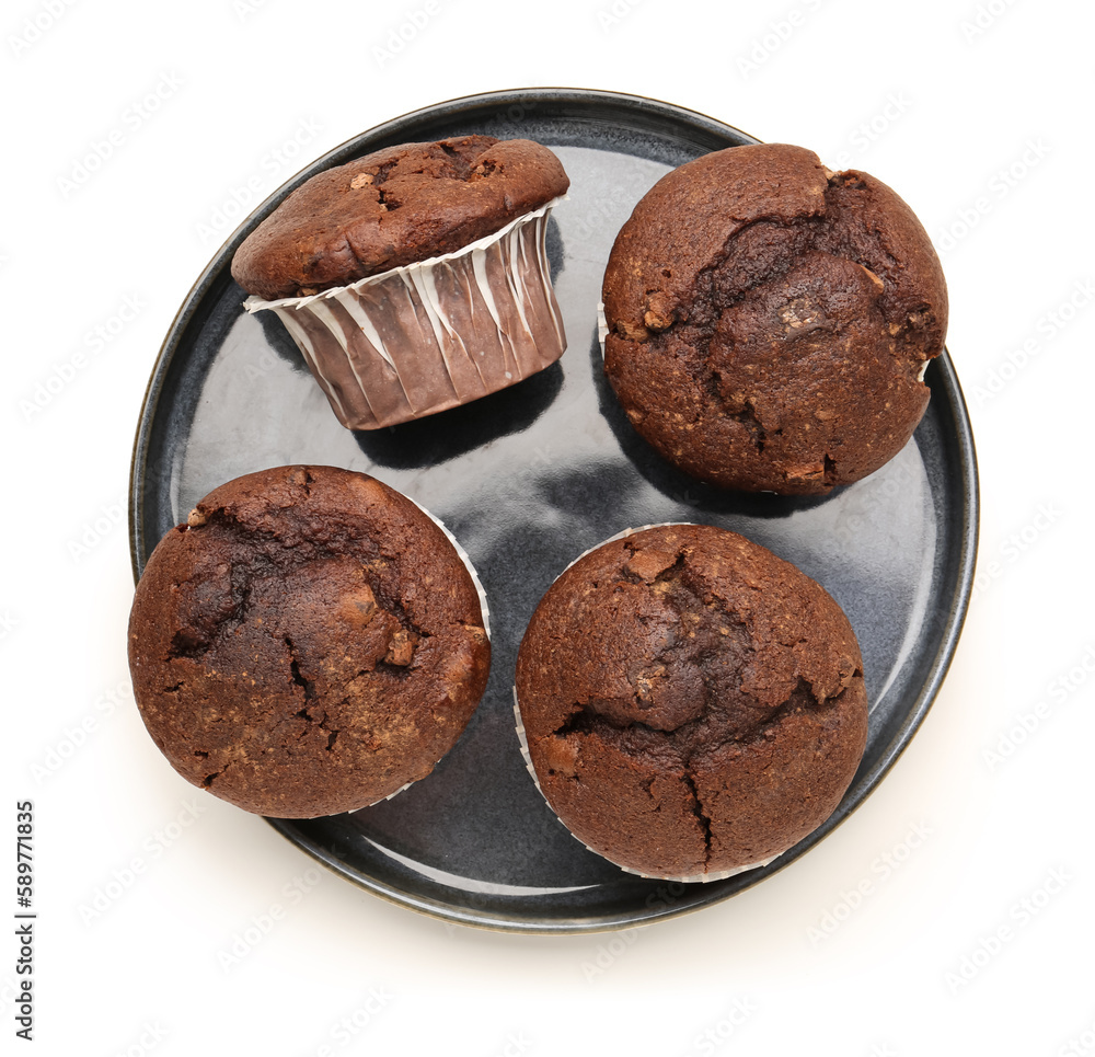 Plate with tasty chocolate cupcakes isolated on white background