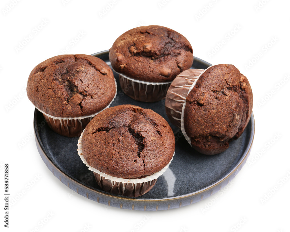 Plate with tasty chocolate cupcakes isolated on white background