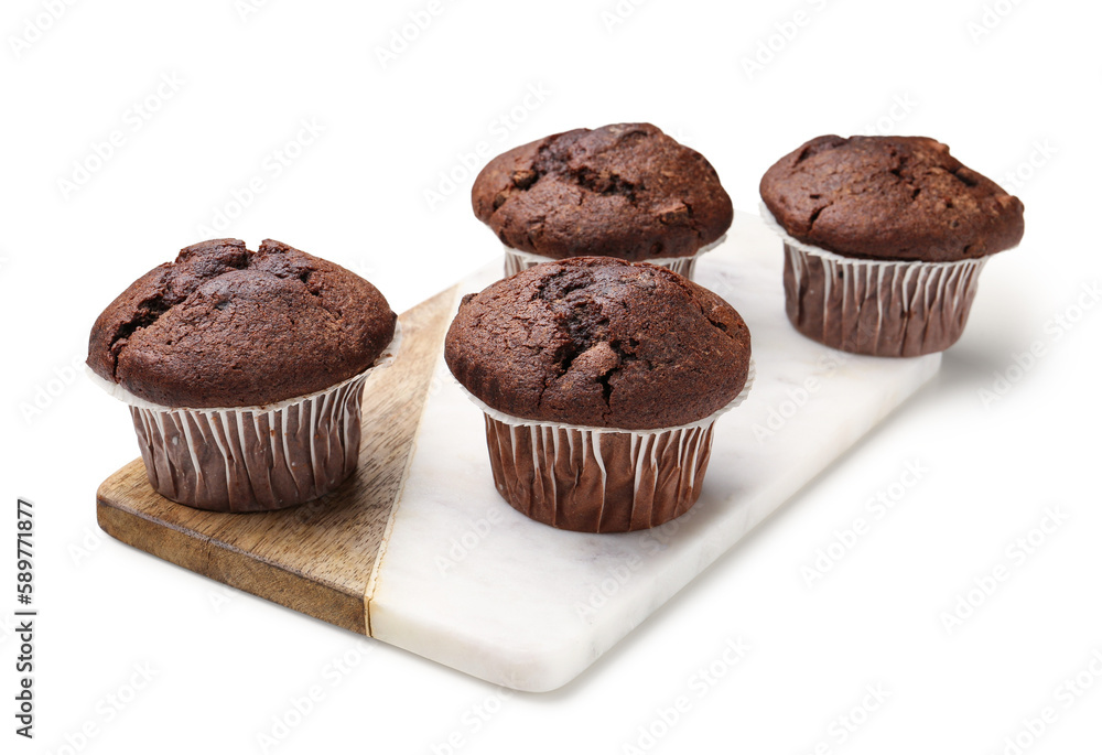 Board with tasty chocolate cupcakes isolated on white background