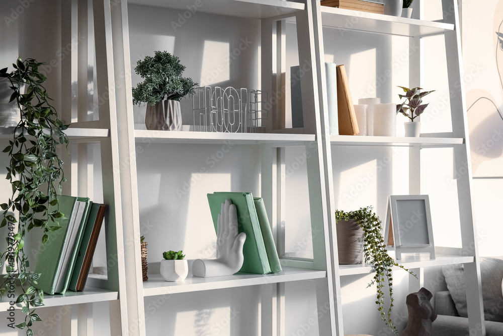 Shelving units with artificial plants, books and decor in living room