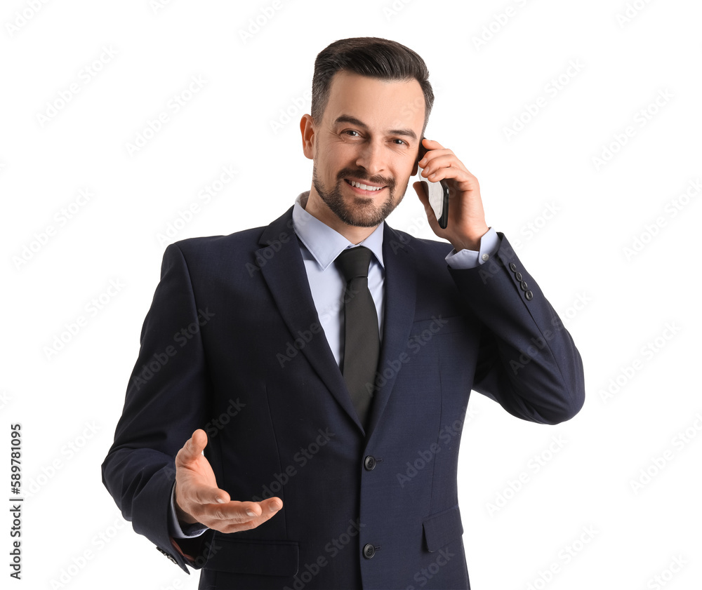 Handsome businessman talking by mobile phone on white background