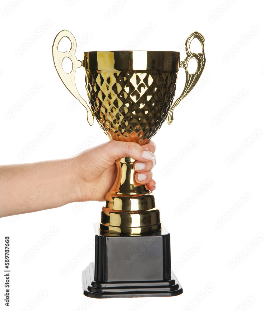 Woman with gold cup on white background