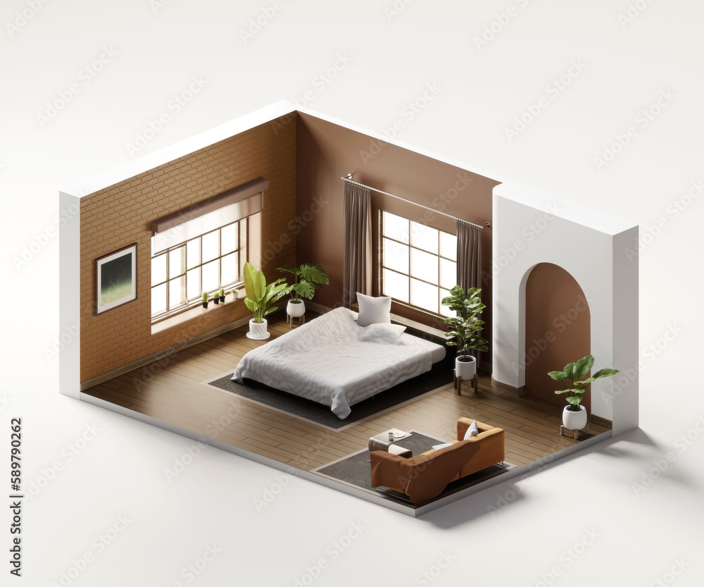 Isometric view bed room open inside interior architecture 3d rendering digital art