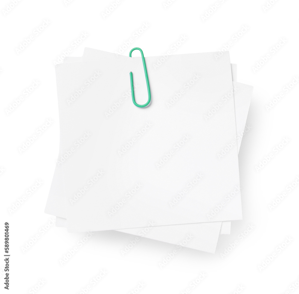 Sticky notes with paper clip on white background