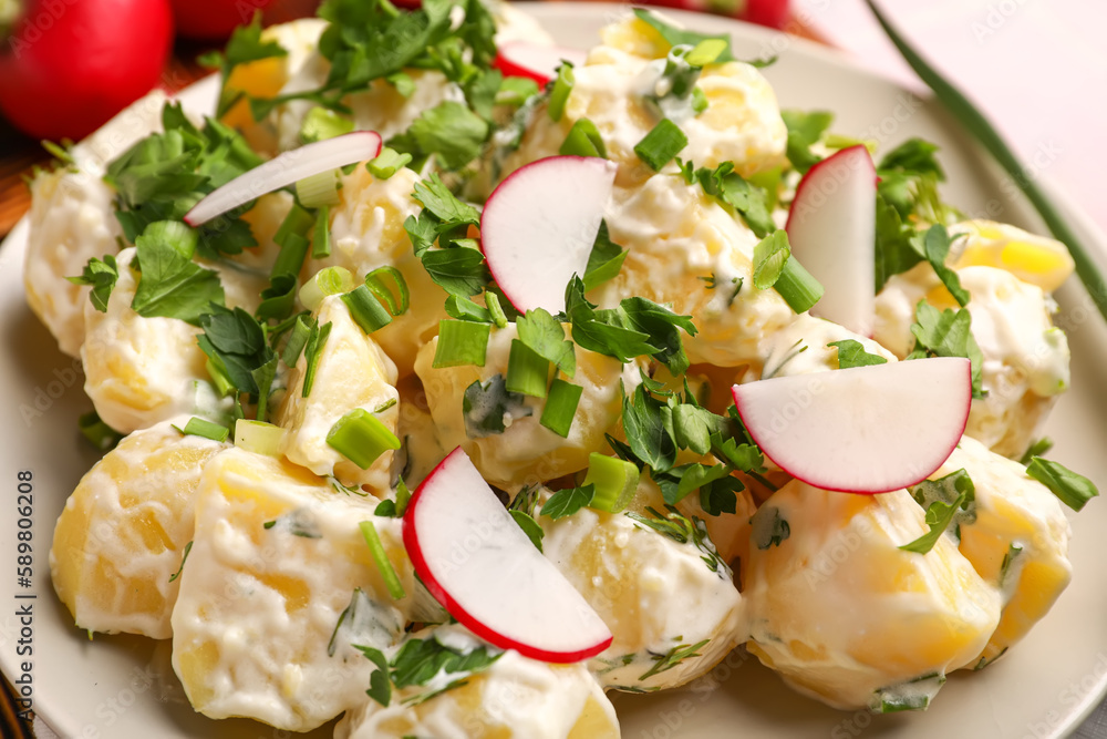 Plate of tasty Potato Salad with greens and radish on table, closeup